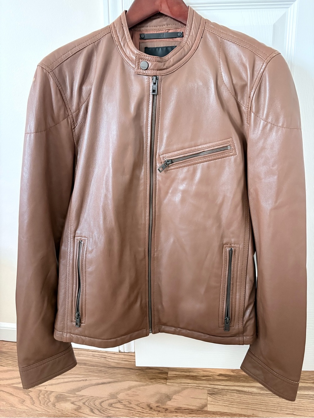 Andrew Marc Chest-Zip Tan Leather Bomber Jacket